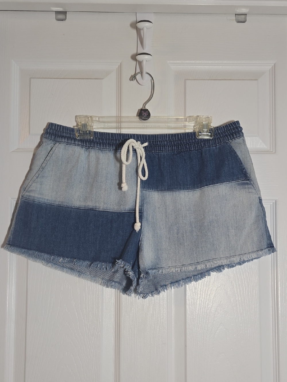 Aerie Color Block Two-Tone Blue Drawstring Pockets Jean Shorts Size Large